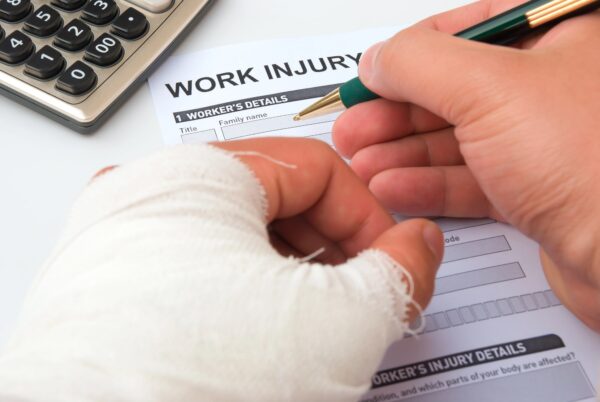 Man in cast signing work injury form